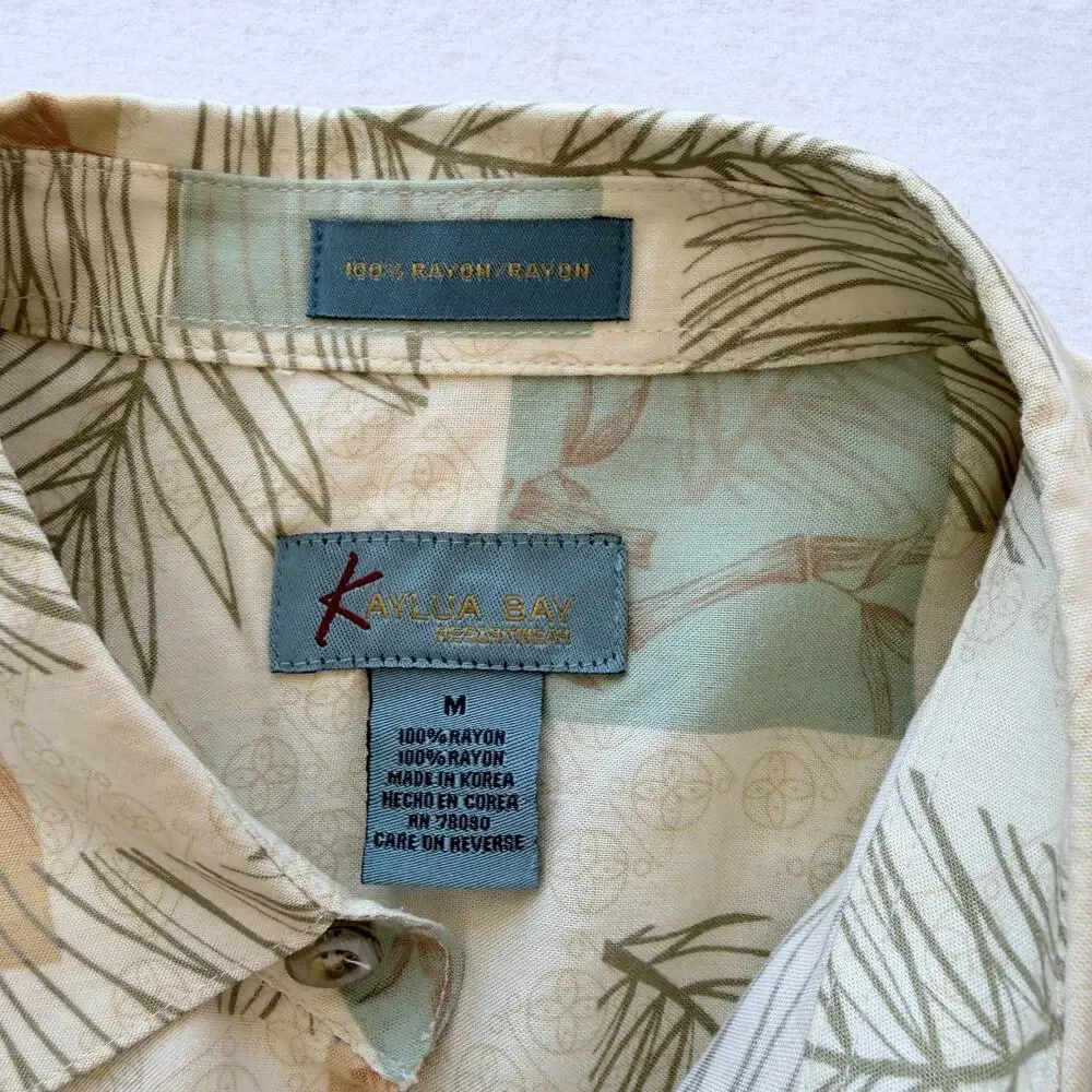 Kaylua Bay Resort Shirt Mens M Rayon Hawaiian Palm Leaf Bamboo Camp Tropical